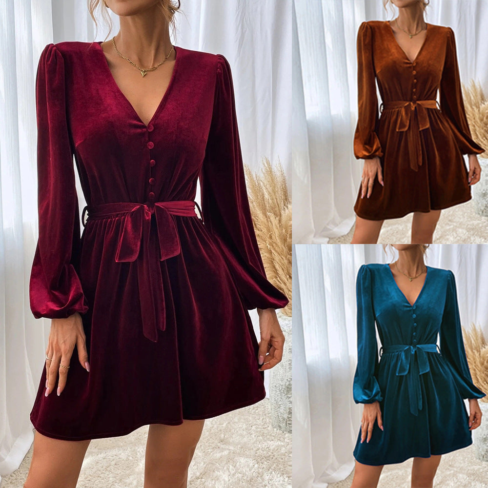 Damen Samtkleid V-Ausschnitt Taillengürtel Eveloria - Eveloria