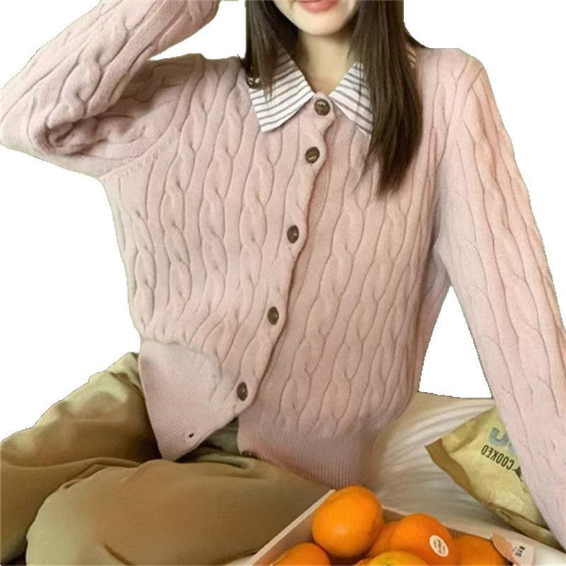 Damen Strickjacke Strukturiertes Muster Klassischer Hemdkragen Beige