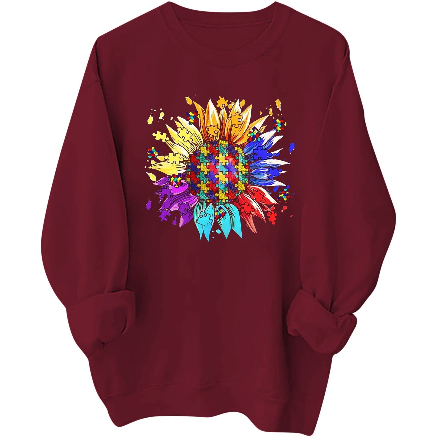 Damen Sweatshirt Puzzle-Blumenmotiv Baumwolle Bequem