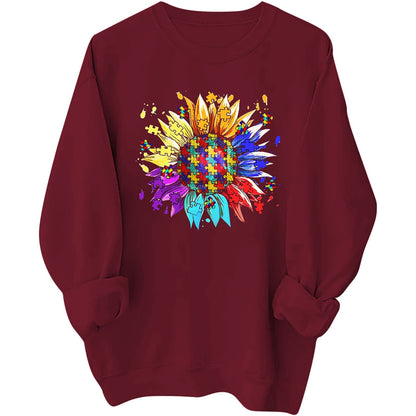 Damen Sweatshirt Puzzle-Blumenmotiv Baumwolle Bequem