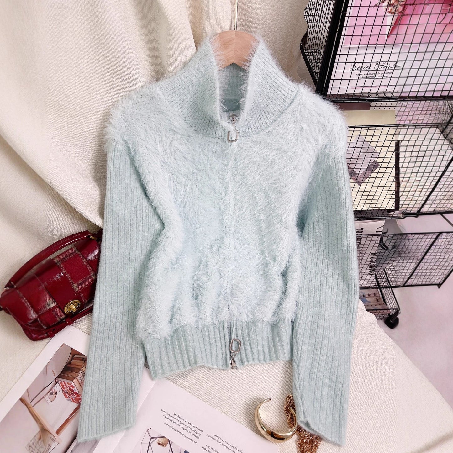 Damen Strickpullover Wärmeisolierend Hochkragen Fleece