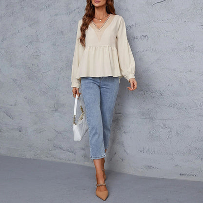 Damen Bluse Spitze Ärmel Elegant Weiß