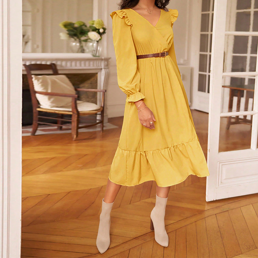 Damen Midikleid Elegant Rüschendesign Schlitz Seitlich Eveloria