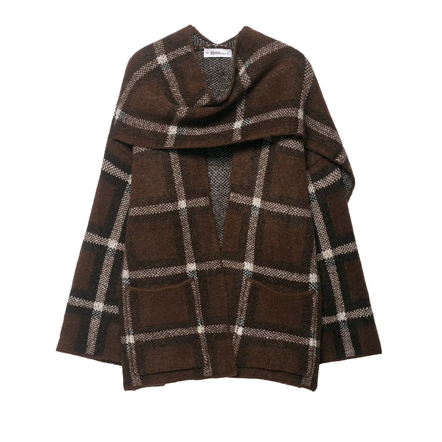 Damen Oversized Cardigan Karomuster Taschen Beige