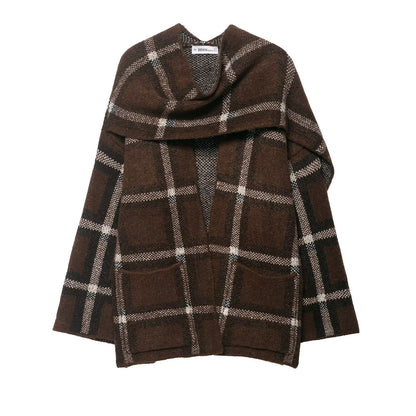 Damen Oversized Cardigan Karomuster Taschen Beige