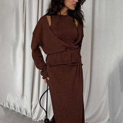 Damen Strickanzug Lang mit Bindegürtel