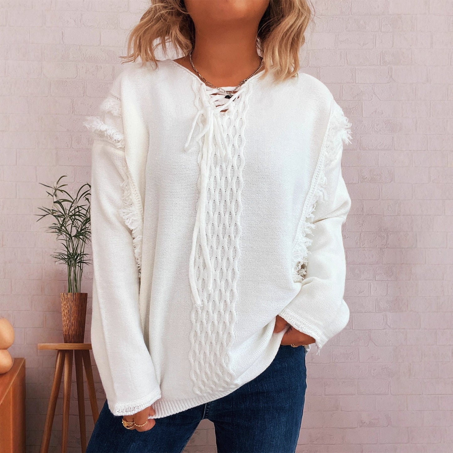 Damen Grobstrickpullover Lässige Fransen Zopfdesign Beige - Eveloria