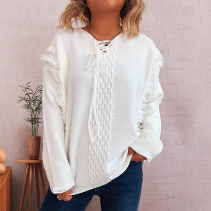 Damen Grobstrickpullover Lässige Fransen Zopfdesign Beige - Eveloria
