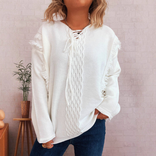 Damen Grobstrickpullover Lässige Fransen Zopfdesign Beige - Eveloria