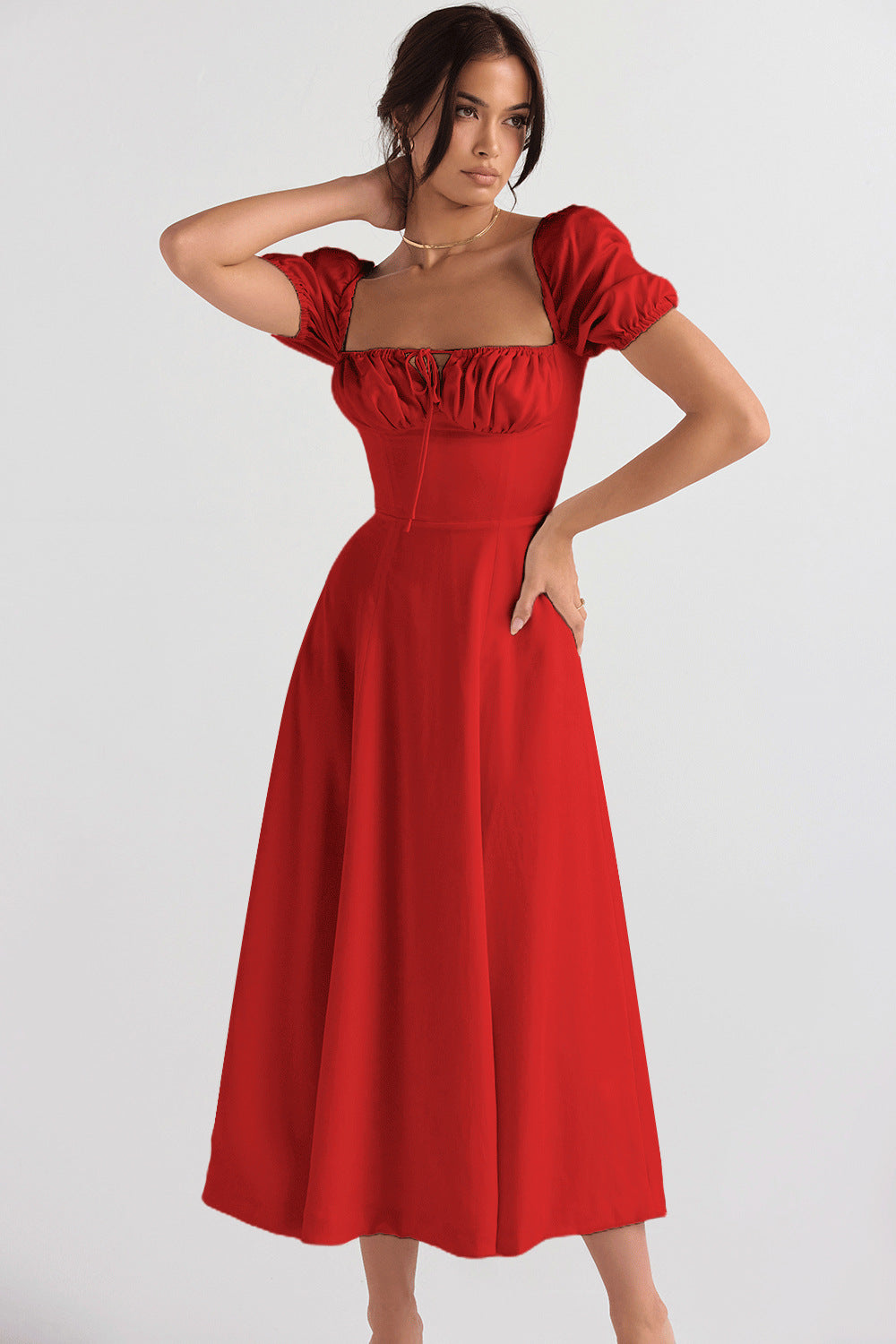 Eveloria Damen Midikleid Puffärmel Raffinierter Ausschnitt