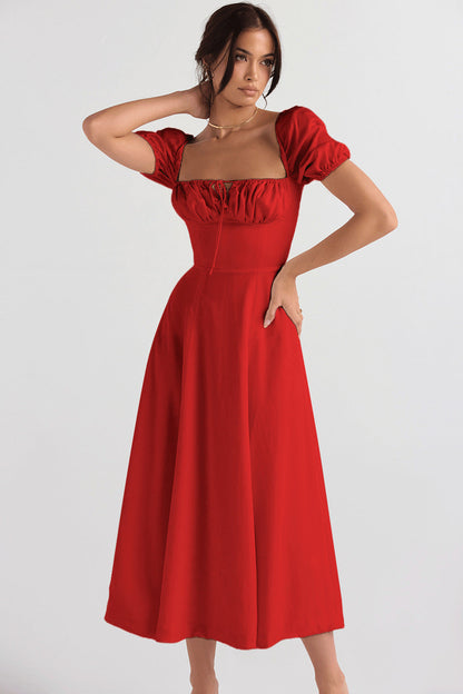Eveloria Damen Midikleid Puffärmel Raffinierter Ausschnitt