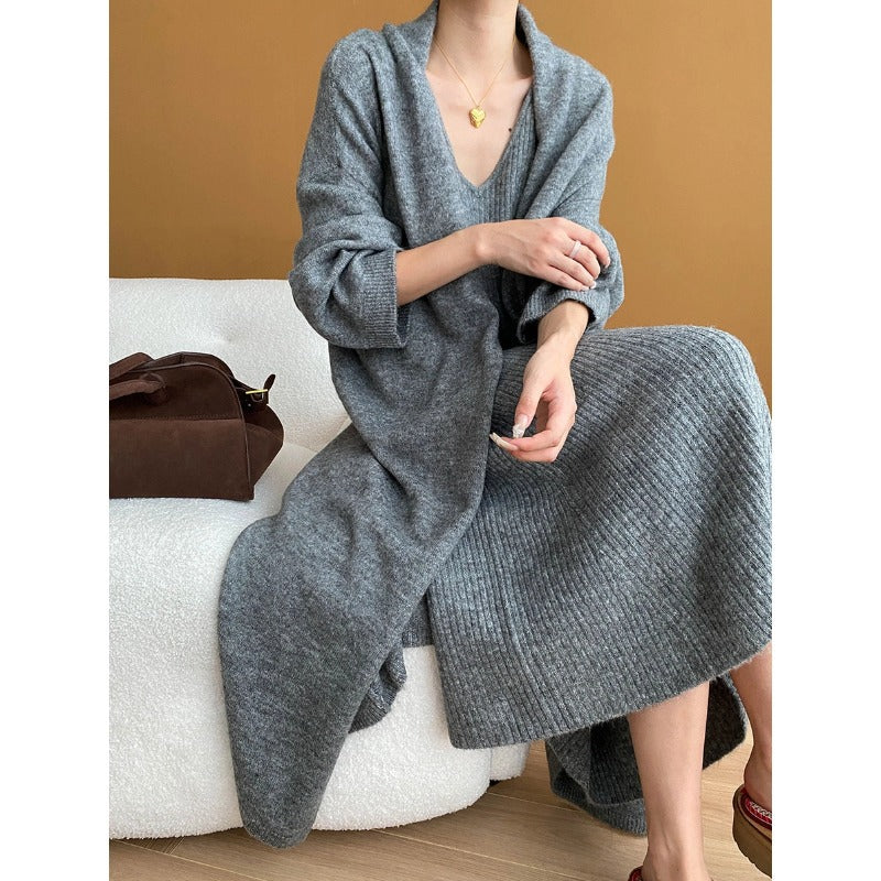 Damen Maxikleid Gestrickt V-Ausschnitt Lässig Schwarz - Eveloria