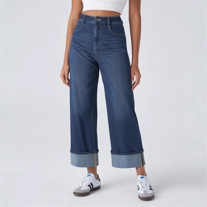 Damen Weite Denim-Hose Umschlag-Saum Blau Eveloria