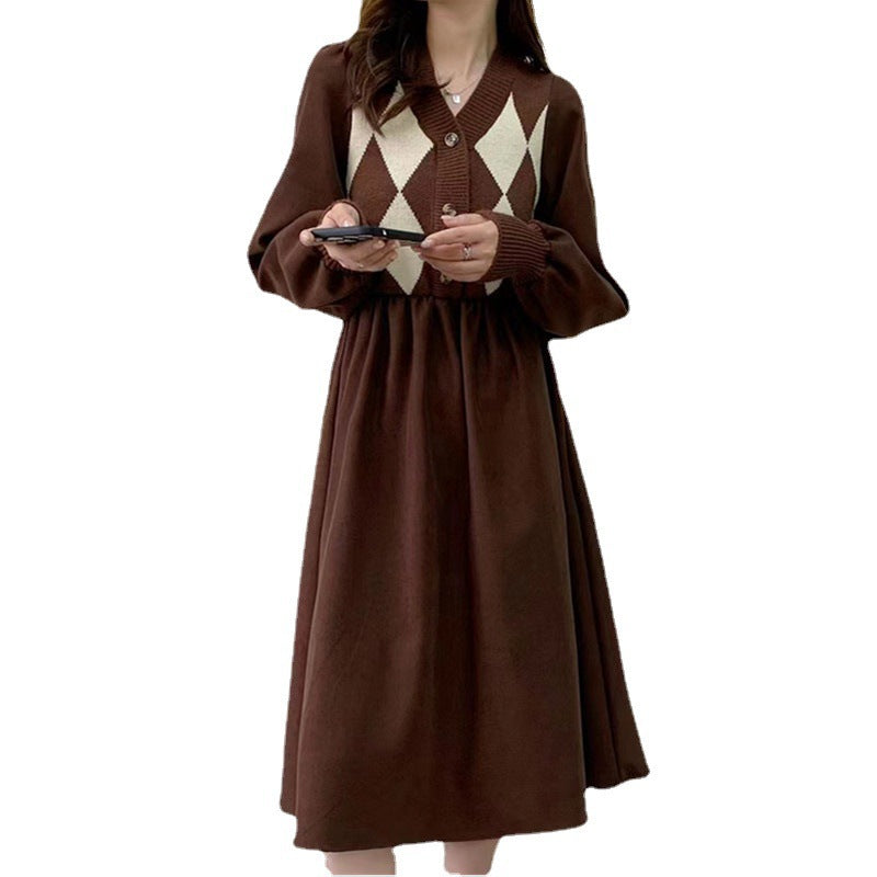 Damen Strickkleid Rautenmuster Puffärmel Eveloria