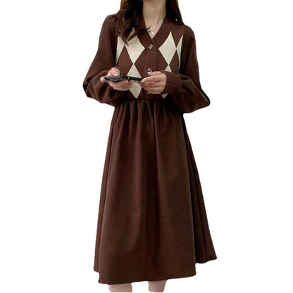 Damen Strickkleid Rautenmuster Puffärmel Eveloria