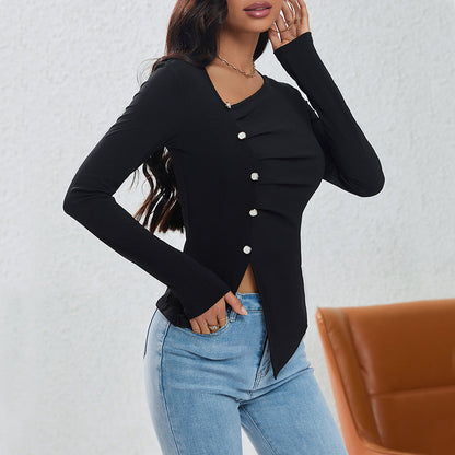 Damen Langarmshirt mit Knöpfen Asymmetrischer Saum Elegantes Design