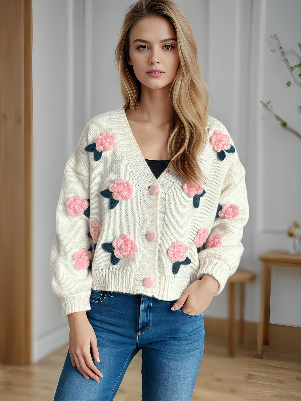 Damen Strickjacke Florales 3D-Design Große Knöpfe