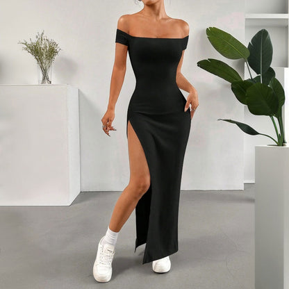 Damen Maxikleid Schulterfrei Hochschlitz Eveloria