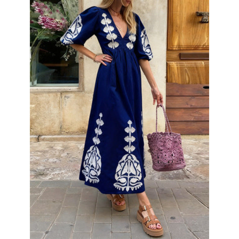 Damen Midikleid Florales Stickdesign Luftige Puffärmel