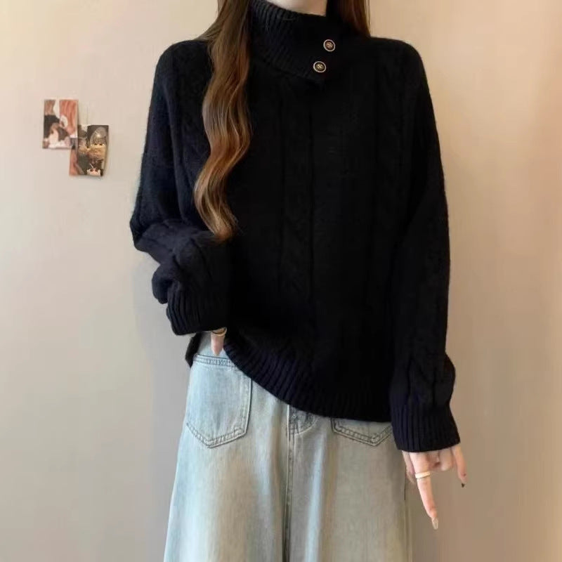 Damen Grobstrickpullover Hochgeschlossener Kragen Knöpfe Beige