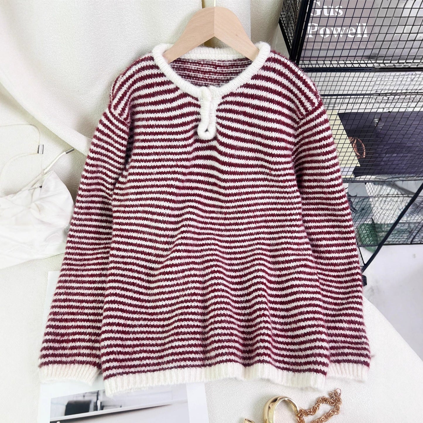 Damen Streifenpullover Lässig Dekorativer Knopf Beige