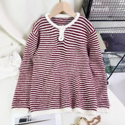 Damen Streifenpullover Lässig Dekorativer Knopf Beige