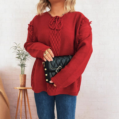 Damen Grobstrickpullover Lässige Fransen Zopfdesign Beige