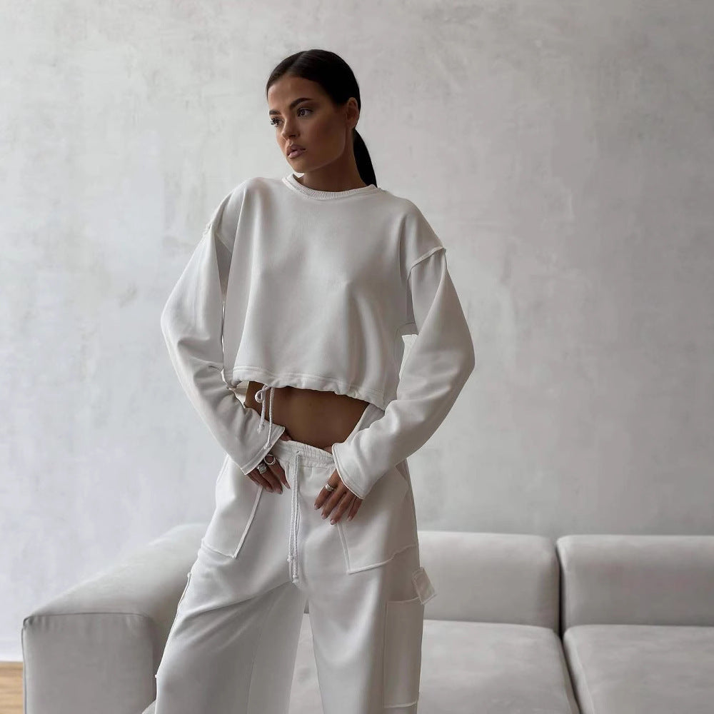 Damen Cropped Sweatshirt mit Kordelzug und weiten Ärmeln Grau - Eveloria