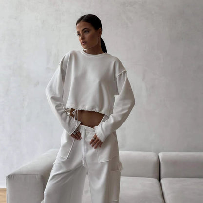 Damen Cropped Sweatshirt mit Kordelzug und weiten Ärmeln Grau - Eveloria