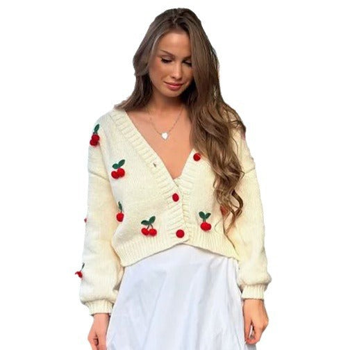 Damen Strickcardigan mit Kirschapplikationen