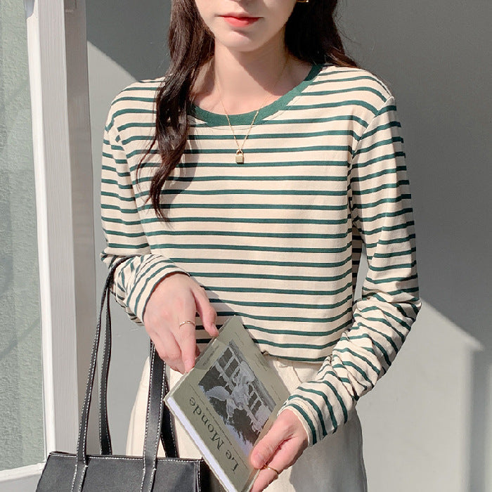 Damen Langarmshirt Streifenmuster Baumwolle Beige
