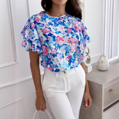 Damen Bluse Voluminöse Rüschenärmel Florales Design