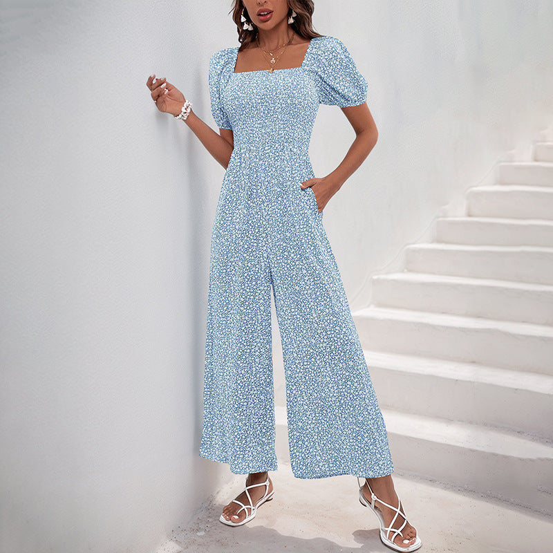 Damen Jumpsuit Elastischer Bund Puffärmel Eveloria