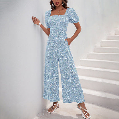 Damen Jumpsuit Elastischer Bund Puffärmel Eveloria
