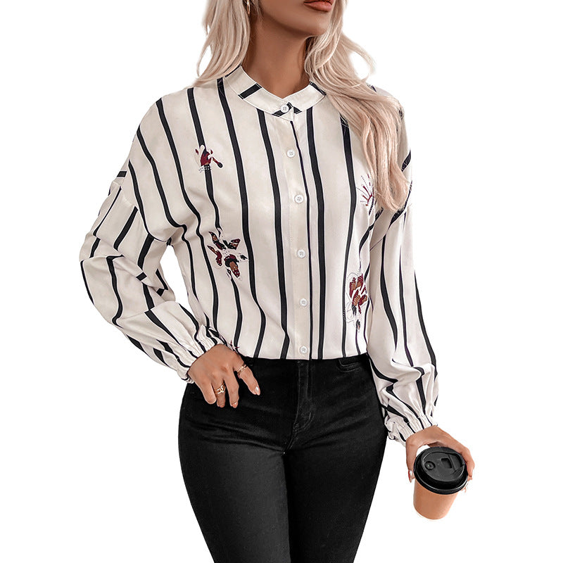 Damen Bluse Streifen Stickerei Puffärmel Elegante Bluse