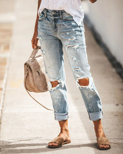 Damen Boyfriend Jeans Destroyed Lässig Blau