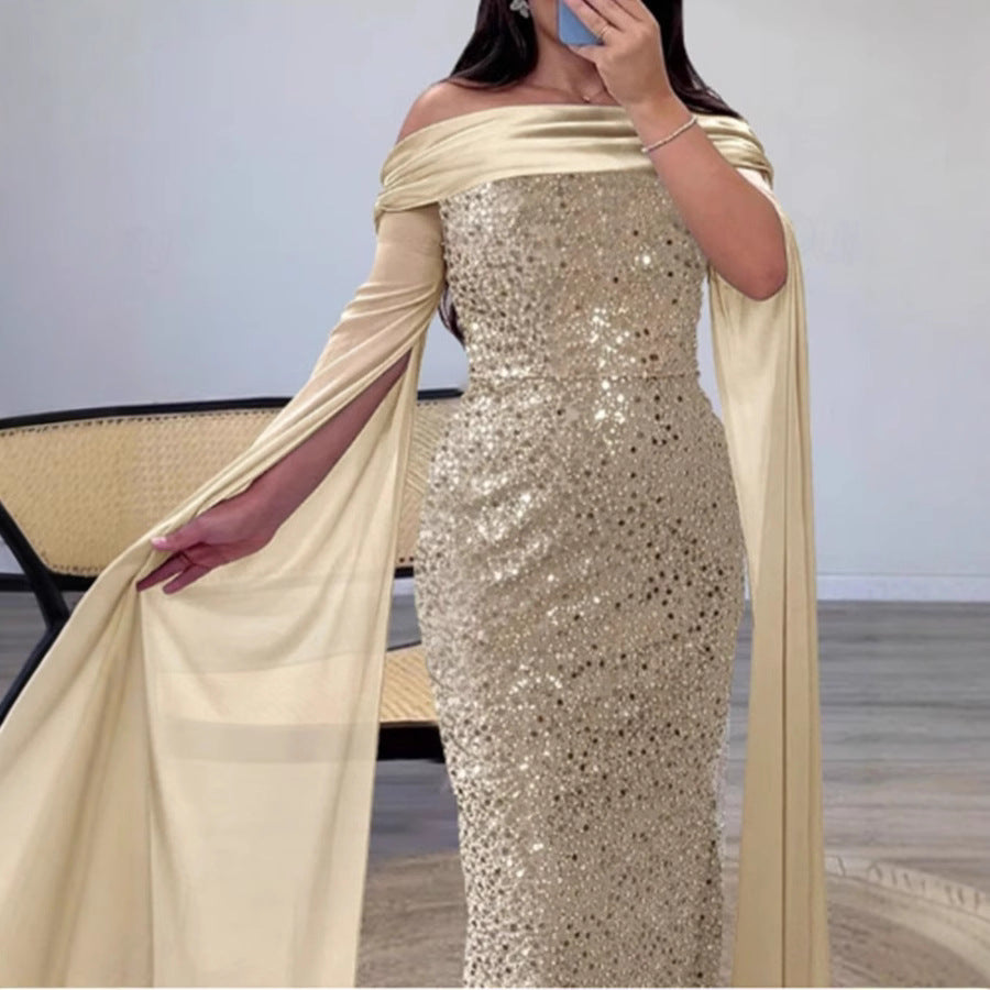 Damen Abendkleid Schulterfrei Glitzernd Langärmlig Eveloria