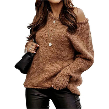 Damen Strickpullover Schulterfrei Oversized Beige - Eveloria