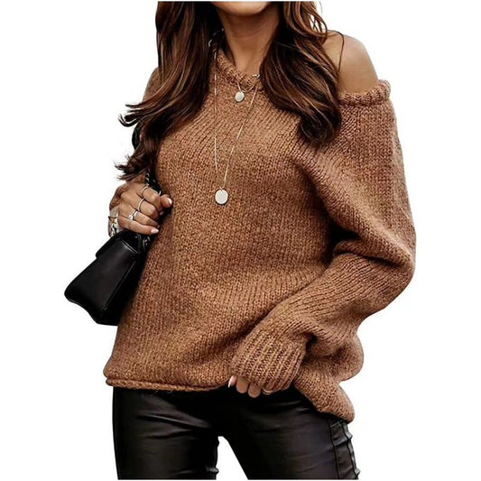 Damen Strickpullover Schulterfrei Oversized Beige - Eveloria