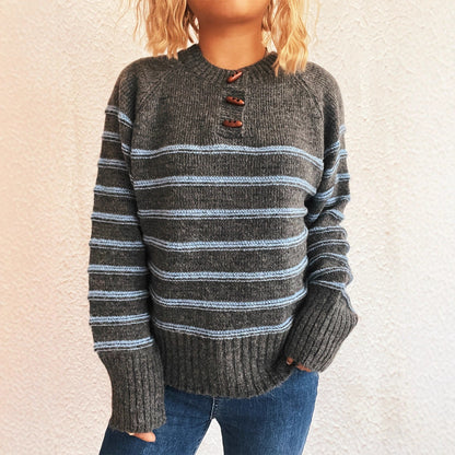 Damen Strickpullover Gemustert Knopfdetails Weiter Hals