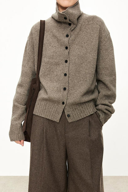 Damen Strickcardigan Hochkragen Knopfleiste Grau Eveloria