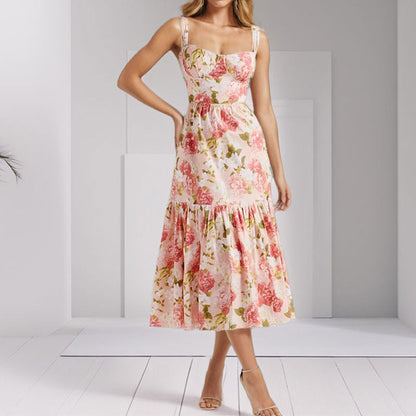 Damen Blumenkleid Rüschensaum schmale Träger Eveloria - Eveloria