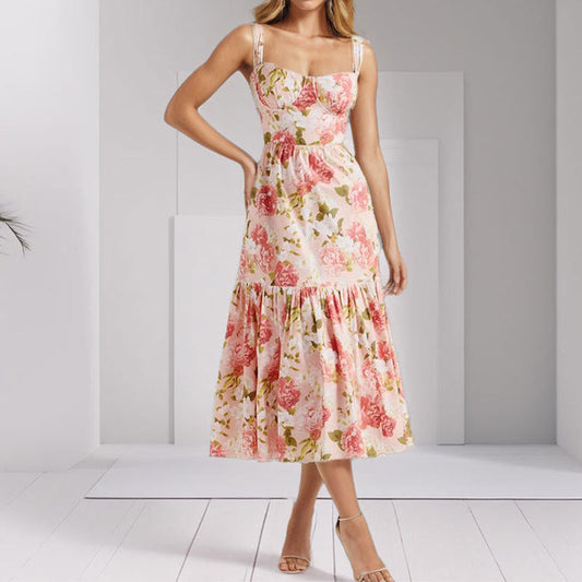 Damen Blumenkleid Rüschensaum schmale Träger Eveloria - Eveloria