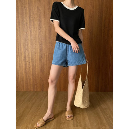 Damen Jeansshorts Elastischer Bund Weite Passform Blau