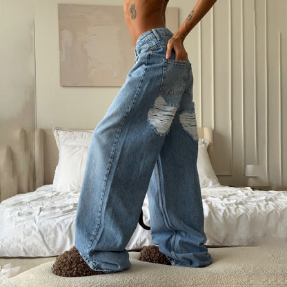 Damen Weite Jeans Destroyed Details Blau Eveloria