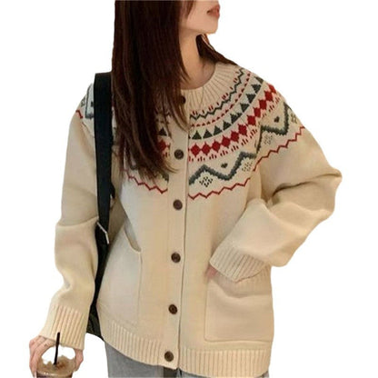 Damen Grobstrickjacke Norwegermuster mit Taschen