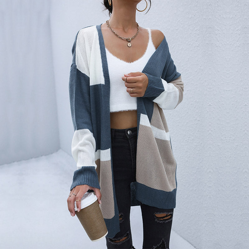 Damen Strickcardigan Gestreift Offener Schnitt Lässige Ärmel