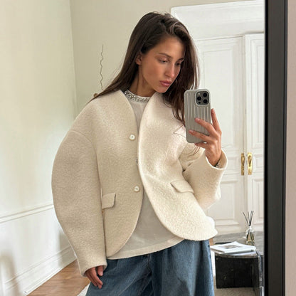Damen Boucle-Jacke Überschnittene Schultern Knopfverschluss