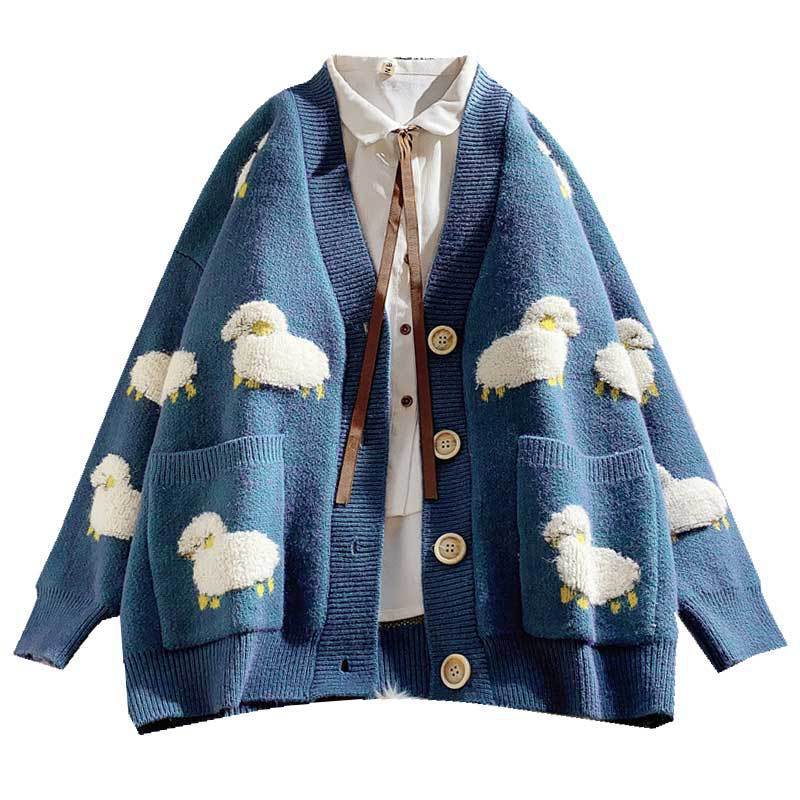 Damen Strickjacke mit Schafemotiv und Taschen