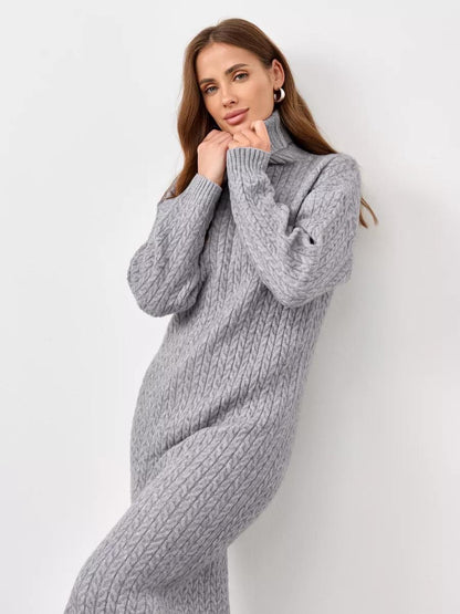 Damen Rollkragenpullover Grobstrick Zopfmuster Lässig Beige